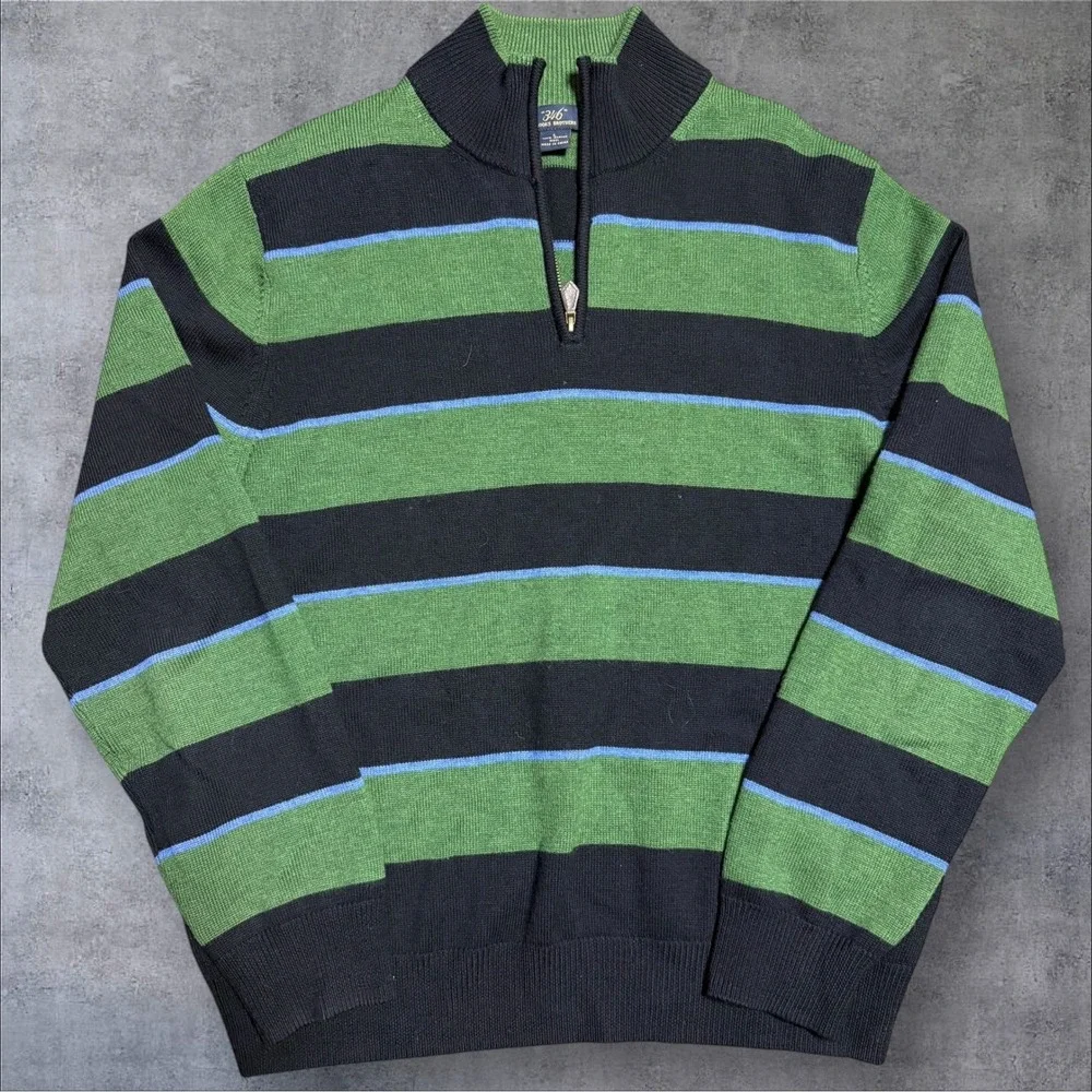 Brooks Brothers 364 Merino Wool Green Blue 1/4 Zip Sweater‎ Preppy Size Large